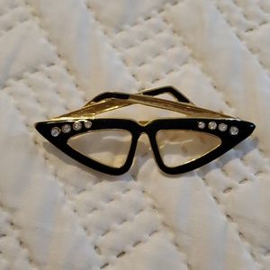 1950's Style Black Enamel With Rhinestones Brooch pin Glasses
